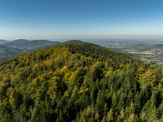 Obraz premium Beskid Maly aerial panorama of potrojna hill and czarny gron.Little Beskids mountain range in summer.Aerial drone view of Rzyki Village in Beskid Maly Poland.Czarny gron ski resort in Rzyki.