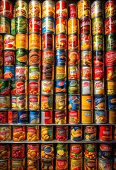 Fototapeta premium colorful arrangement various canned food types showcasing array sizes brightly lit setting, variety, display, label, shape, assortment, packaging, texture