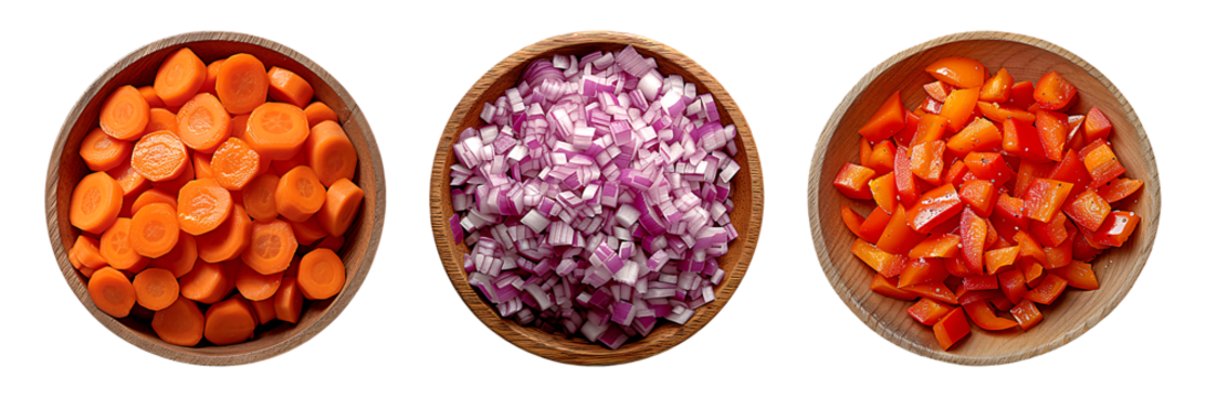 Sliced carrots, chopped red onions, and diced red bell peppers in wooden bowls offer a colorful and fresh selection of ingredients for cooking
