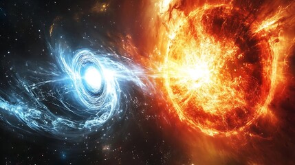 Obraz premium Neutron star colliding with a black hole creating a display of spacetime curvature and synchrotron radiation with dark matter and dark energy