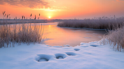 A frozen marshland at sunrise with patches of ice scattered across the snow-covered ground and reeds poking through the frost the sky glowing orange and pink.
