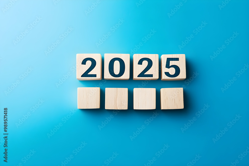 Poster a blue background with wooden blocks that spell out the number twenty-five