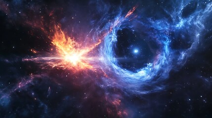 Obraz premium Neutron star colliding with a black hole creating a display of spacetime curvature and synchrotron radiation with dark matter and dark energy