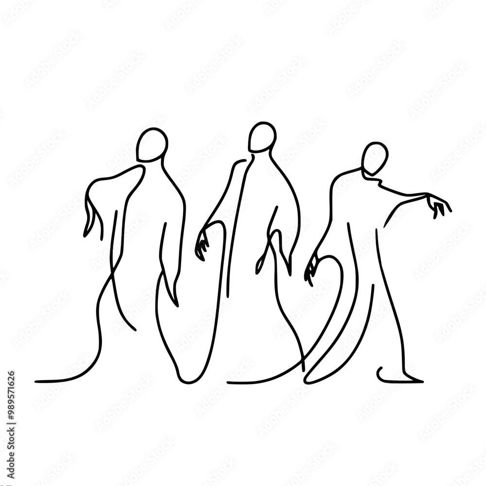 Poster three zombie figures drawn with continuous lines, in various stages of walking or shuffling forward,