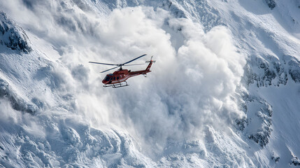 A helicopter flying above a recent avalanche surveying the damage as massive snowdrifts and debris cover the mountainside.