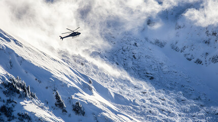 A helicopter flying above a recent avalanche surveying the damage as massive snowdrifts and debris cover the mountainside.