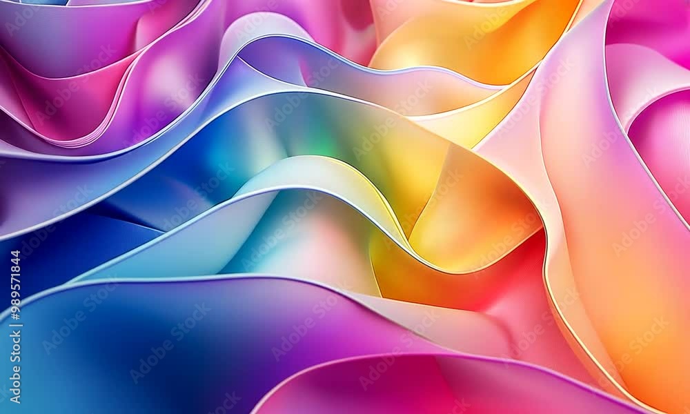 Poster a vibrant abstract rainbow background featuring dynamic curved lines and 3d shapes. this colorful de