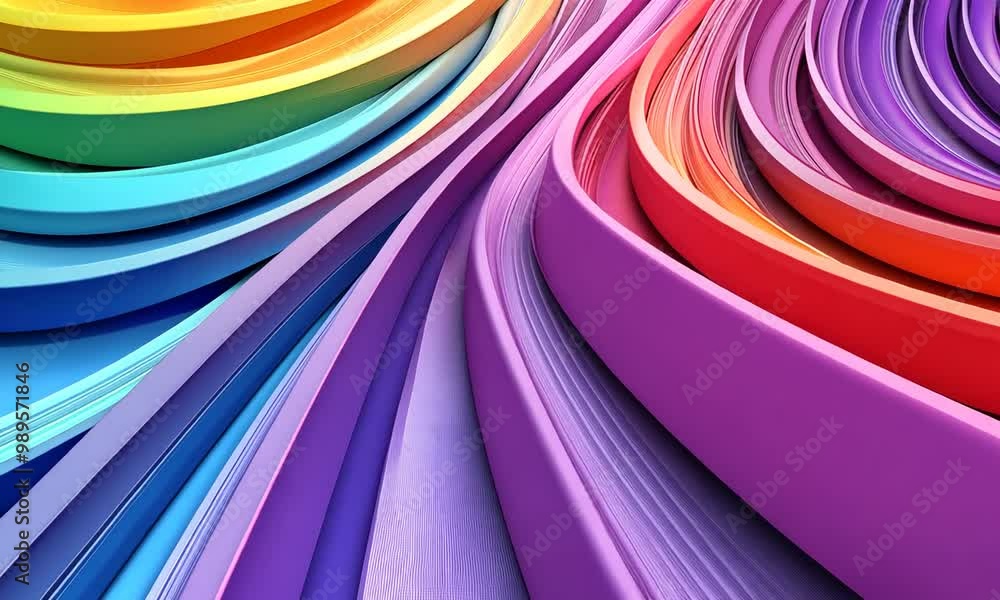 Poster vibrant abstract rainbow background with curved lines and shapes in 3d rendering