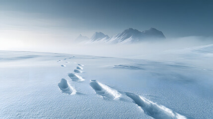 A high-altitude plateau covered in deep snow with distant mountain peaks barely visible through the mist and the ground undisturbed by any footprints.