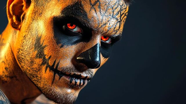 A man with orange and black makeup stares intensely into the camera, his red contact lenses adding to his menacing look