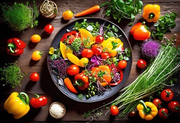 vibrant healthy dish featuring colorful array fresh garnishes stunning culinary presentation, salad, ingredients, vegetables, fruits, herbs, greens, bowl
