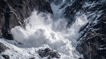 A massive avalanche roaring down a rocky mountainside with boulders and snow crashing together in a chaotic descent.