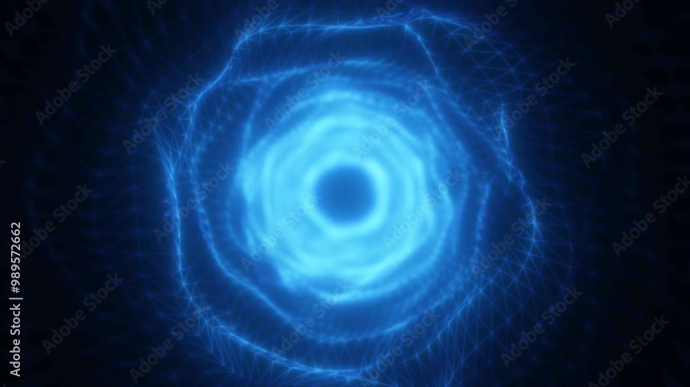 Poster a glowing blue vortex with geometric wireframe patterns converging toward the center, creating a fut