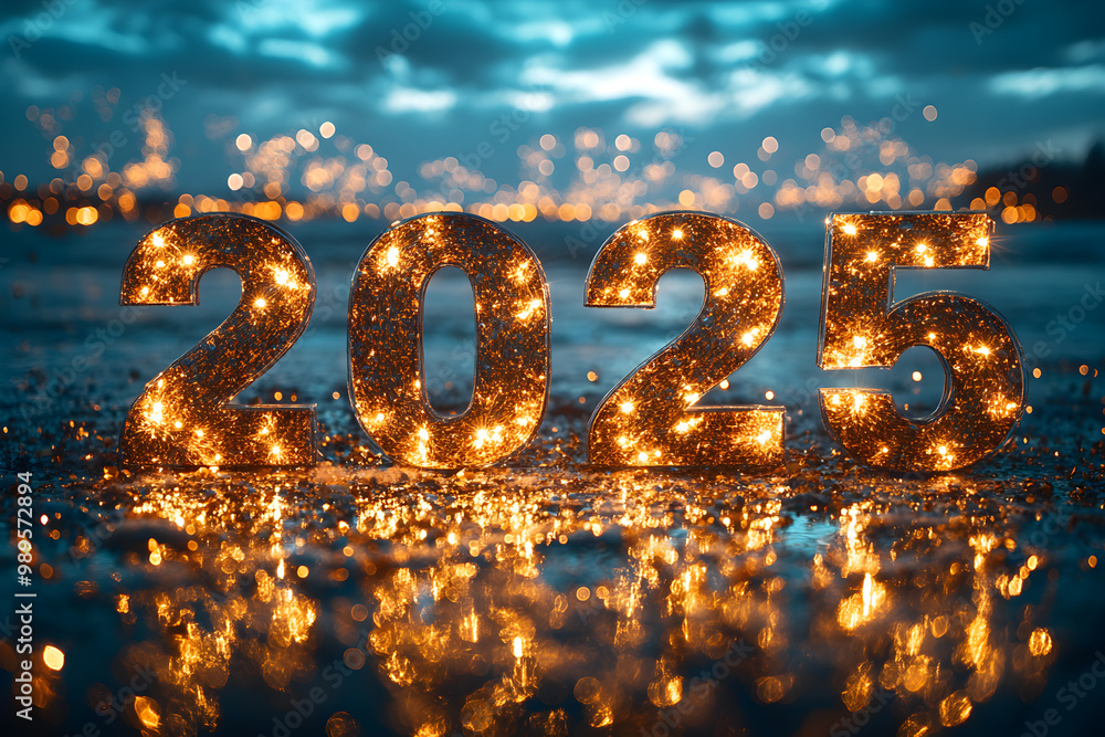 Poster a large number of glowing letters spelling out the number twenty-five