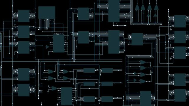 electrical diagram of an integrated circuit board 2d animation. Can be used to represent semiconductor logical operations, computer engineering or computer architecture electronics