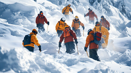 A rescue operation underway in the aftermath of an avalanche with multiple teams working together to search for victims using shovels and probes.