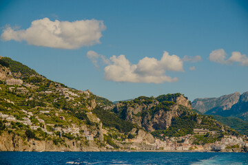 Obraz premium Panoramic landscape of the Amalfi coast. Mountains and clouds