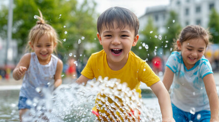 A group of children play joyfully in a water fountain, splashing water and sharing laughter on a sunny afternoon