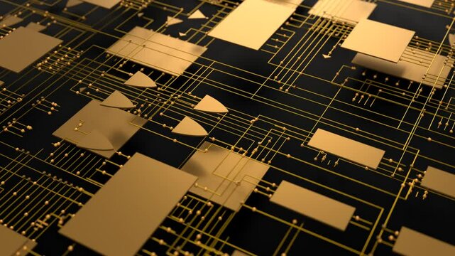 golden circuit board electrical diagram 3d animation. Can be used to represent superconductivity microchips, quantum computer manufacturing or logic gates of a semiconductor