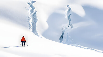 A skier looking up at an impending avalanche as cracks form in the snow just above them creating a moment of intense tension.