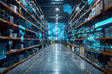 A warehouse with a computerized system that shows the inventory, generative ai.,