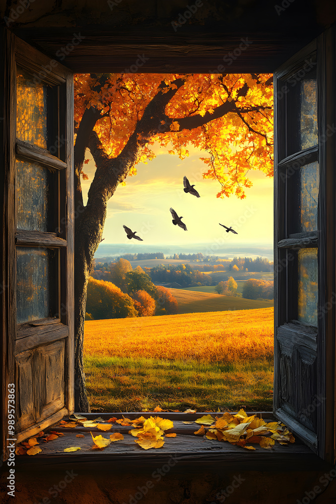 Poster a window with a tree outside and birds flying in the background