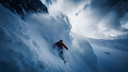 A skier outrunning a fast-moving avalanche with snow tumbling down the slope behind them as they race for safety.