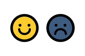 Happy and sad face icon set. Feeling, emotion, facial expression concepts. Colored outline vector design isolated illustration.