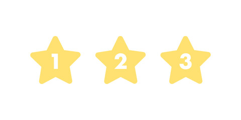 Yellow star sticker number set. Rating, success, goal, achievement, reward concepts. Flat decorative vector design isolated illustration.