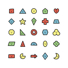 Set of cute colorful abstract geometric shapes cartoon character. Education, learning, preschool concept. Colored outline decorative vector design isolated illustration.