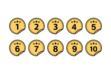 Yellow star number 1 to 10 round label sticker set. Achievement, reward, success concept. Colored outline vector design isolated illustration on white background.