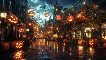 Dynamic Halloween party table scene with carved pumpkins and a festive feast.