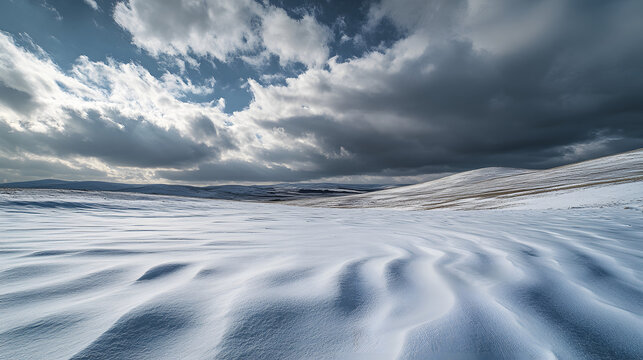 A snow-covered field with low rolling hills the sky above heavy with dark clouds and the wind creating patterns in the snow.