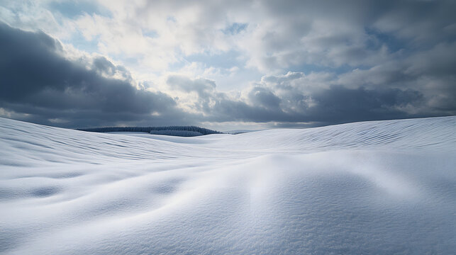 A snow-covered field with low rolling hills the sky above heavy with dark clouds and the wind creating patterns in the snow.
