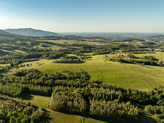 Beskid Maly aerial panorama of potrojna hill and czarny gron.Little Beskids mountain range in summer.Aerial drone view of Rzyki Village in Beskid Maly Poland.Czarny gron ski resort in Rzyki.