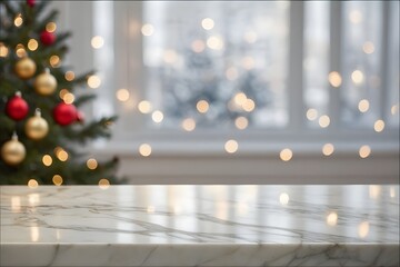 Merry Christmas stone podium background. Xmas marble blank scene. Winter empty pedestal, front view. Christmas tree banner 