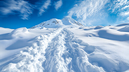 A snow-covered mountain trail leading up to a distant peak with deep snowdrifts on either side and the sky overhead clear and bright blue.