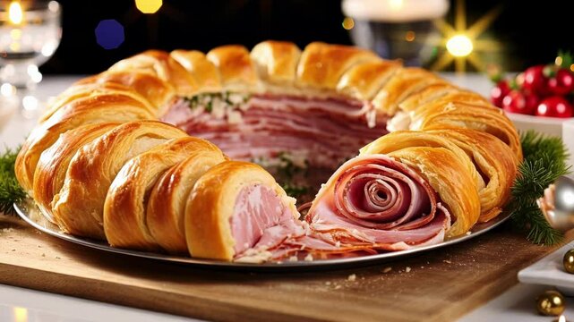 Golden brown bread encasing ham and cheese sliced and ready to serve on a holiday table. Festive holiday appetizer perfect for christmas dinner or potluck