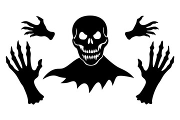 Creepy Halloween art with Bones hands and Skull isolated transparent background. Design t-shirt print with Scary Helloween symbol. Horror black Halloween concept. Vector illustration.