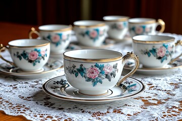 Fototapeta premium A vintage tea set laid out on a lace tablecloth, with delicate floral patterns and an air of sophistication