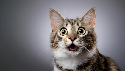 Obraz premium Surprised looking cat with a funny and excited face expression, concepts, ideas, grey gradient background, copy space
