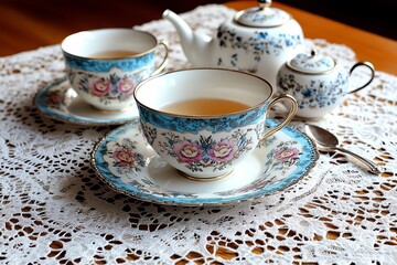 Fototapeta premium A vintage tea set laid out on a lace tablecloth, with delicate floral patterns and an air of sophistication