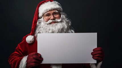 Naklejka premium Santa claus holding blank advertisement banner background with copy space.