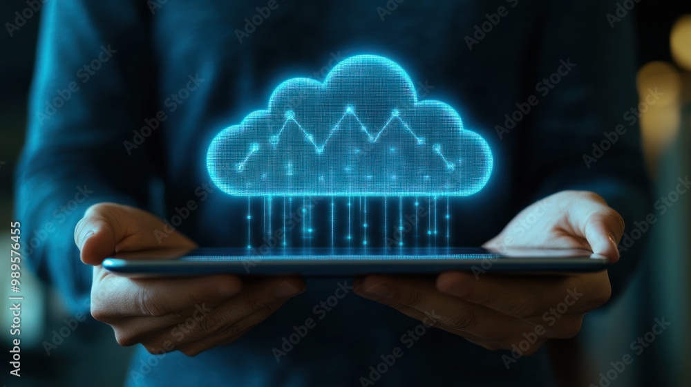 Aufkleber person holding a tablet with a glowing cloud and data graph emerging from it.