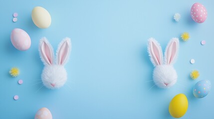 Easter party concept. top view photo of easter bunny ears white pink blue and yellow eggs on isolated pastel blue background with copyspace in the middle.