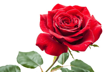 Naklejka premium Beautiful Red Rose with Leaves on Transparent Background, Perfect for Romantic Designs, Floral Decorations, and Botanical Illustrations