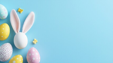 Easter party concept. top view photo of easter bunny ears white pink blue and yellow eggs on isolated pastel blue background with copyspace in the middle.