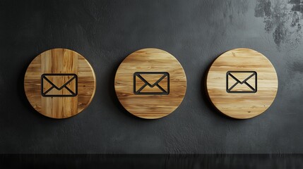 Wide view image of three wooden cut circles with contact and information icons on them.