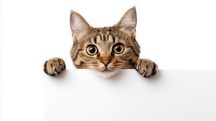 Funny pet cat showing a placard isolated on white background blank web banner template and copy space.