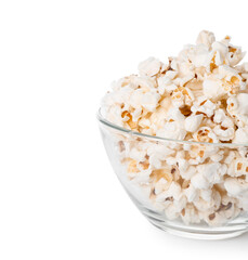 Glass bowl with tasty popcorn on white background
